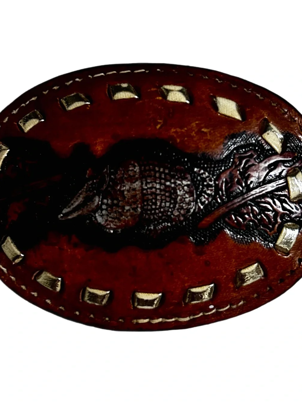 Tony Lama ~ Vintage ~ Brown ~ Armadillo Texas Western Leather Tooled Belt Buckle